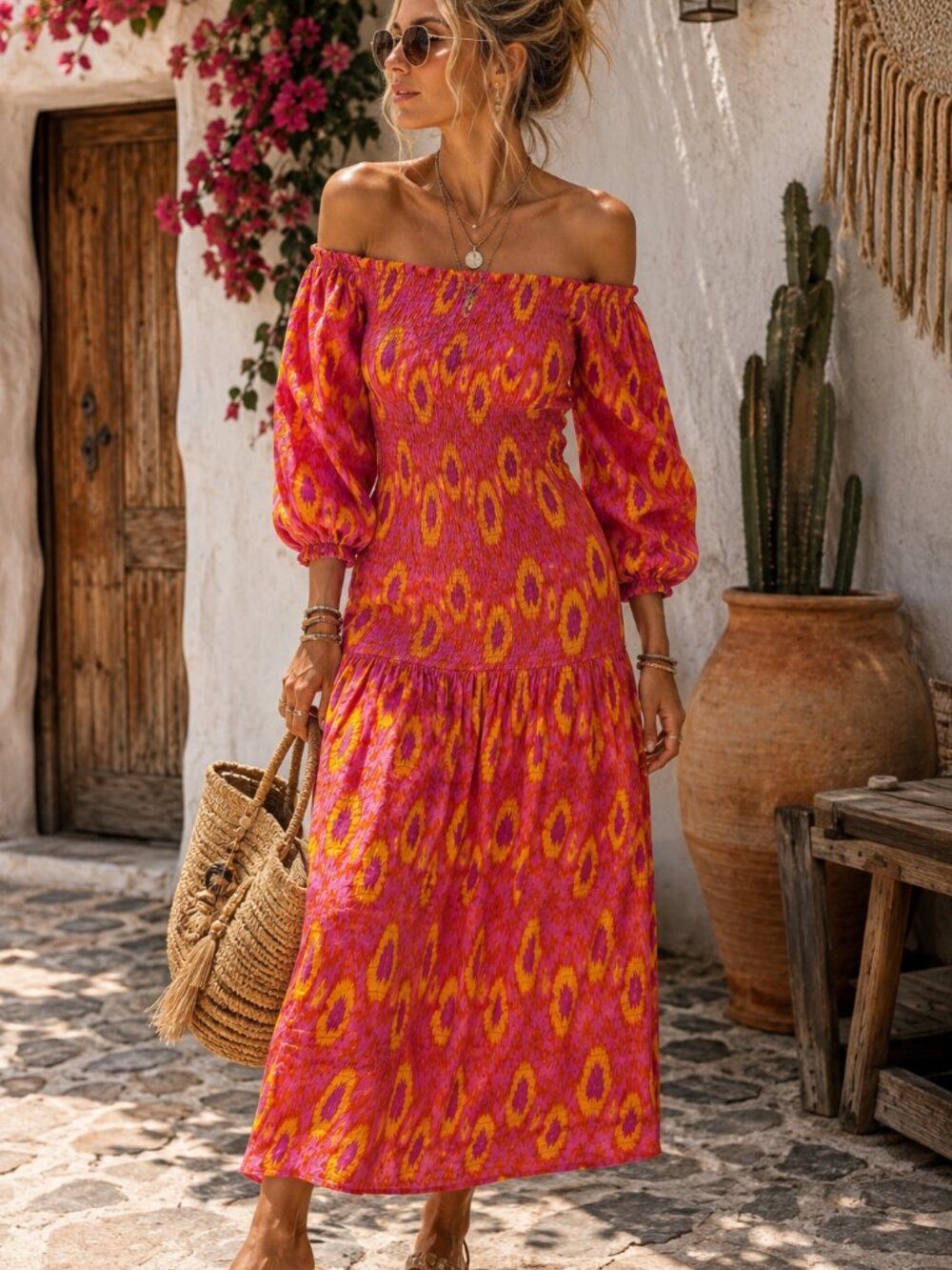 Zara Pink Orange Printed Smocked Maxi  Dress XS NWT